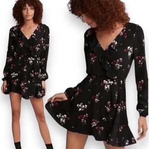 EXPRESS Black Floral Ruffle Faux Wrap Dress